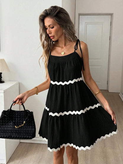 Easowa Contrast Color Ruffle Trim Multi-Layer Flounce Hem A-Line Umbrella Dress, Shoulder Tie Bow Strap Casual Loose Elegant Commuter Vintage Style Vacation Summer Dress For Women