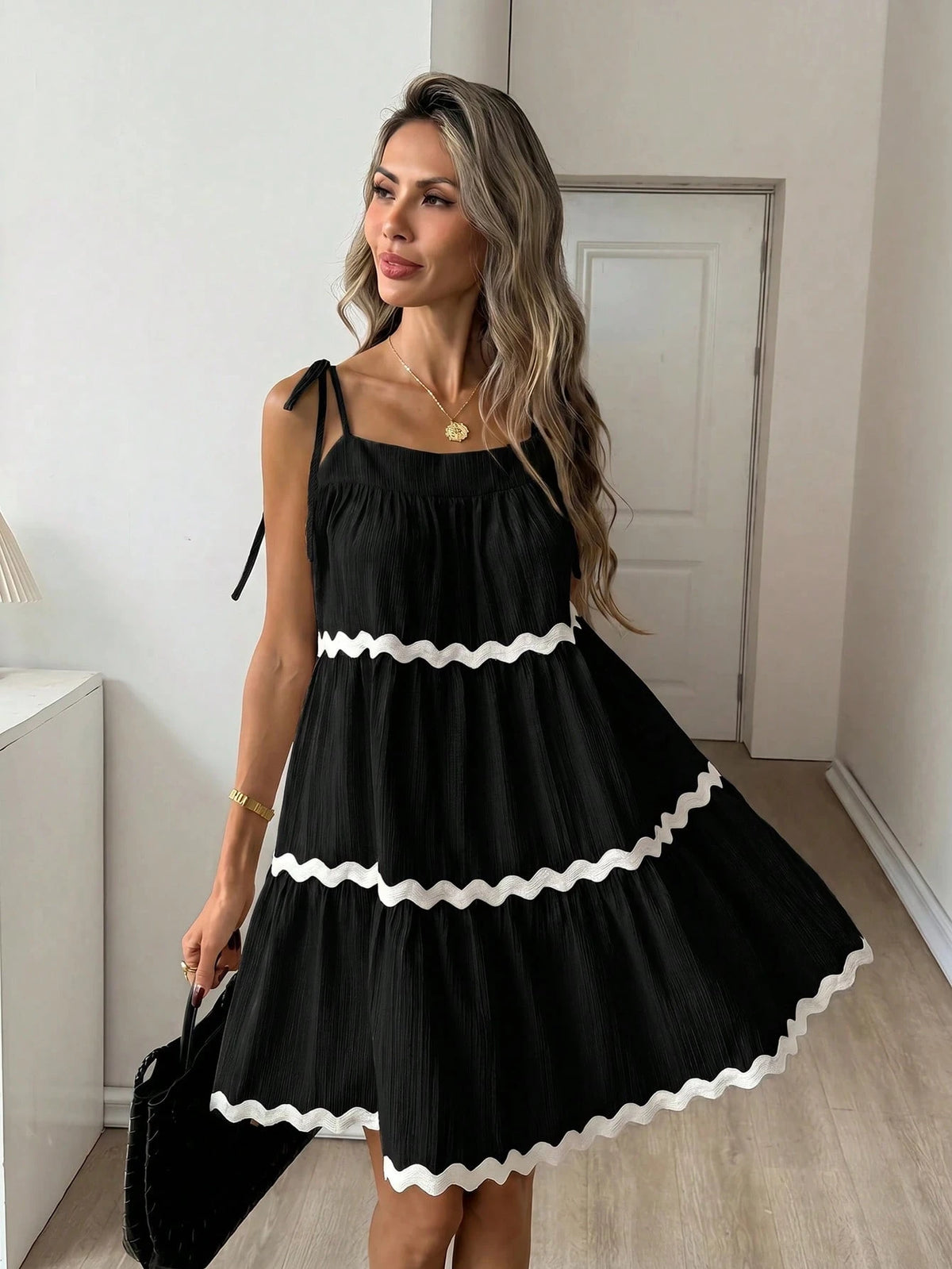 Easowa Contrast Color Ruffle Trim Multi-Layer Flounce Hem A-Line Umbrella Dress, Shoulder Tie Bow Strap Casual Loose Elegant Commuter Vintage Style Vacation Summer Dress For Women