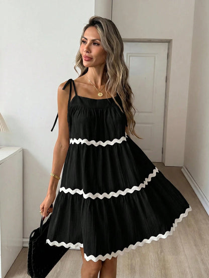 Easowa Contrast Color Ruffle Trim Multi-Layer Flounce Hem A-Line Umbrella Dress, Shoulder Tie Bow Strap Casual Loose Elegant Commuter Vintage Style Vacation Summer Dress For Women