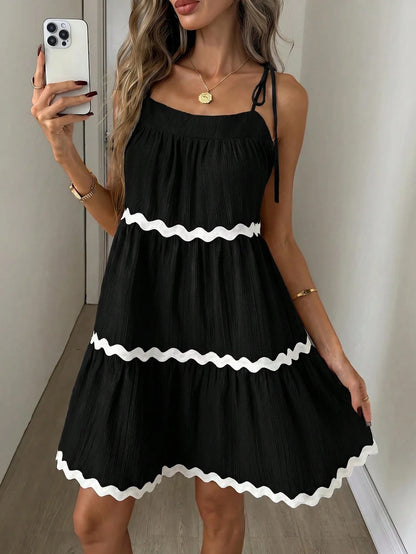 Easowa Contrast Color Ruffle Trim Multi-Layer Flounce Hem A-Line Umbrella Dress, Shoulder Tie Bow Strap Casual Loose Elegant Commuter Vintage Style Vacation Summer Dress For Women