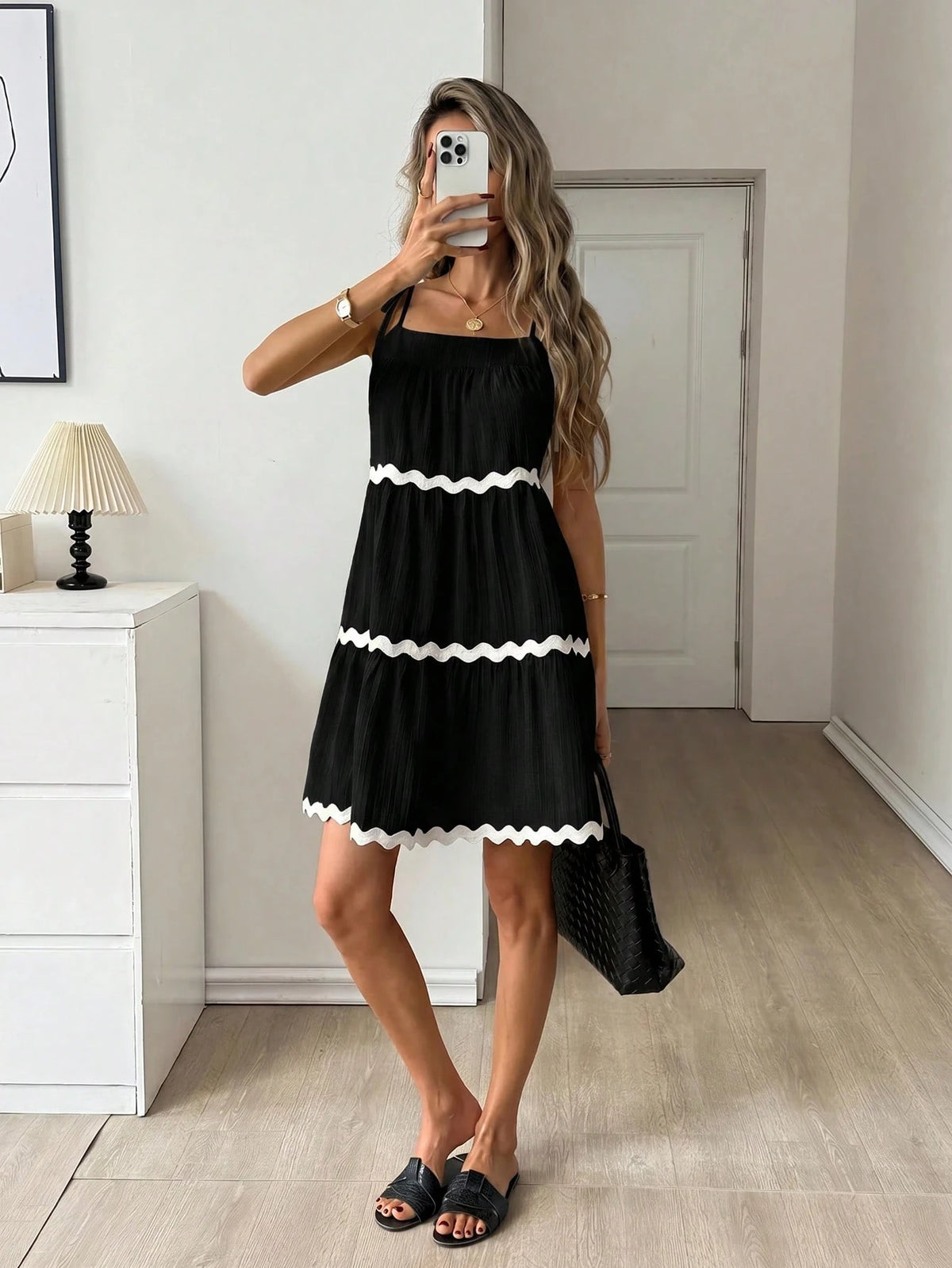 Easowa Contrast Color Ruffle Trim Multi-Layer Flounce Hem A-Line Umbrella Dress, Shoulder Tie Bow Strap Casual Loose Elegant Commuter Vintage Style Vacation Summer Dress For Women