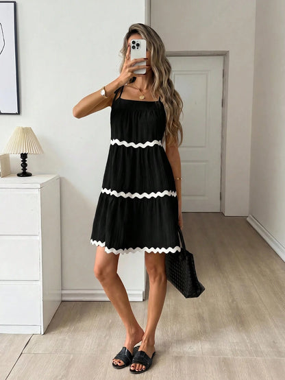 Easowa Contrast Color Ruffle Trim Multi-Layer Flounce Hem A-Line Umbrella Dress, Shoulder Tie Bow Strap Casual Loose Elegant Commuter Vintage Style Vacation Summer Dress For Women