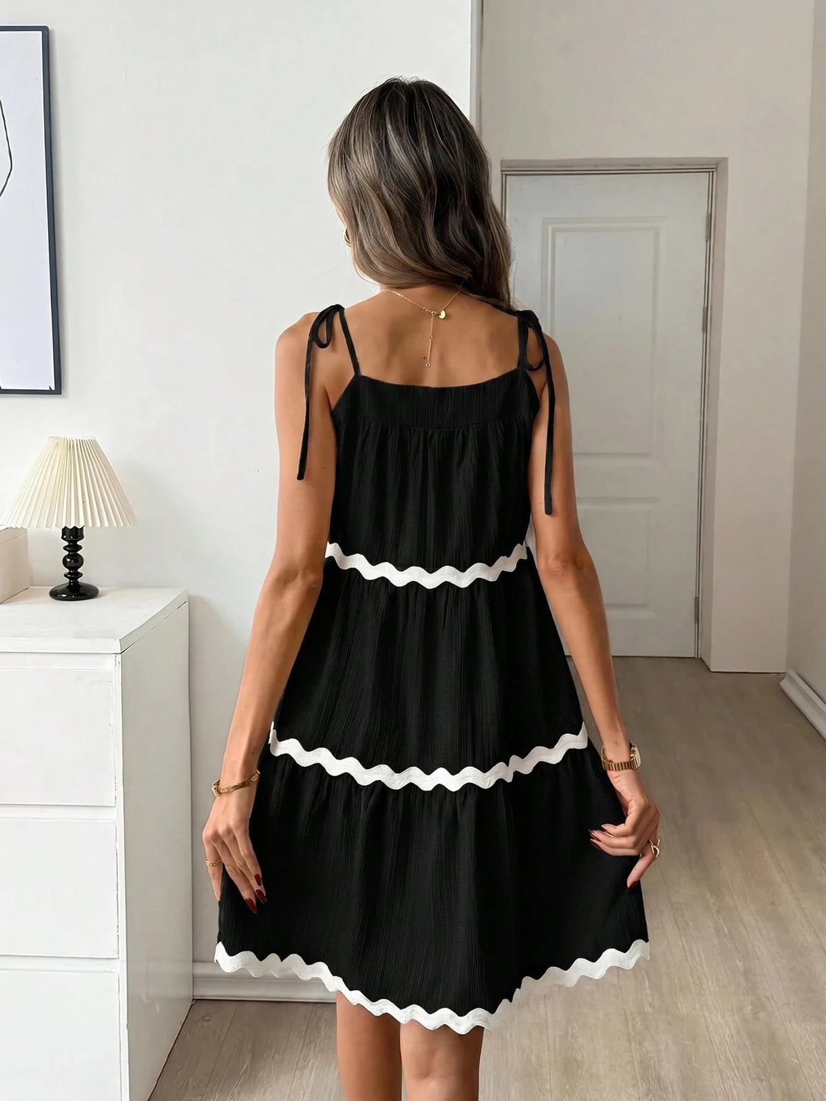 Easowa Contrast Color Ruffle Trim Multi-Layer Flounce Hem A-Line Umbrella Dress, Shoulder Tie Bow Strap Casual Loose Elegant Commuter Vintage Style Vacation Summer Dress For Women