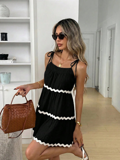 Easowa Contrast Color Ruffle Trim Multi-Layer Flounce Hem A-Line Umbrella Dress, Shoulder Tie Bow Strap Casual Loose Elegant Commuter Vintage Style Vacation Summer Dress For Women