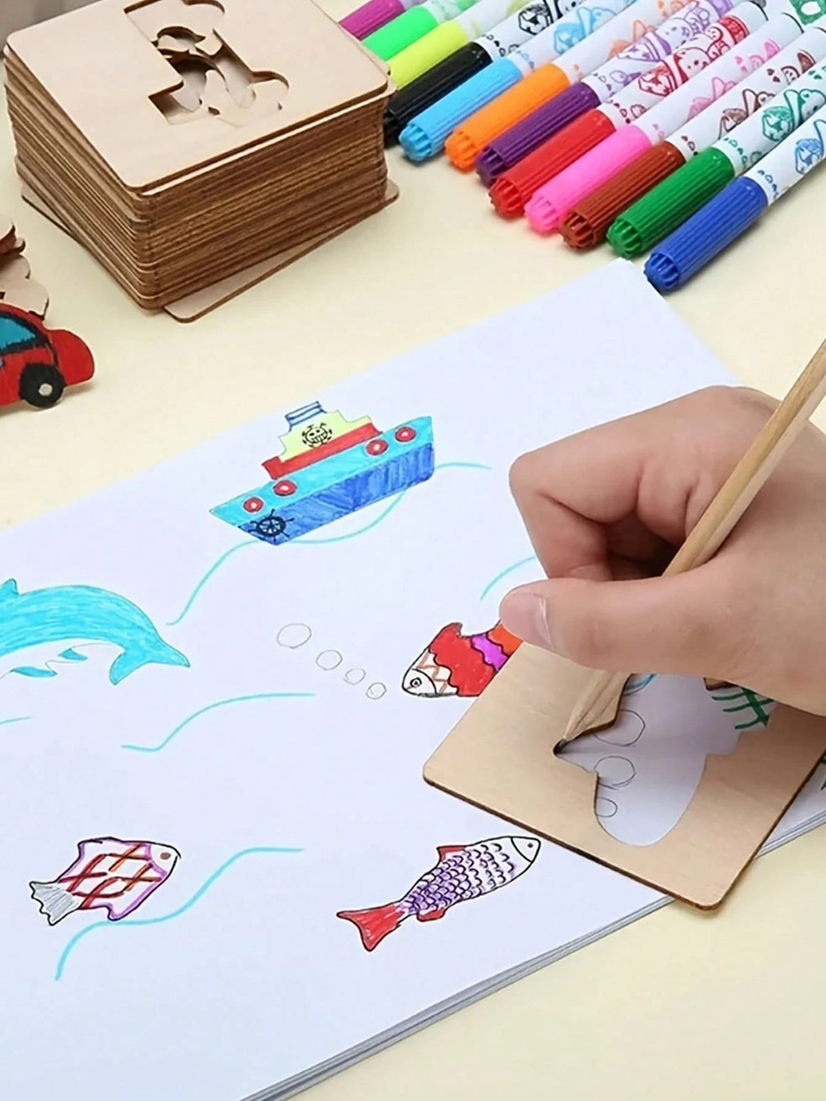Educational Toy Set, Including Wooden Painting Template Kit, Coloring Puzzle And Drawing Board, Perfect For Hands-On Painting
