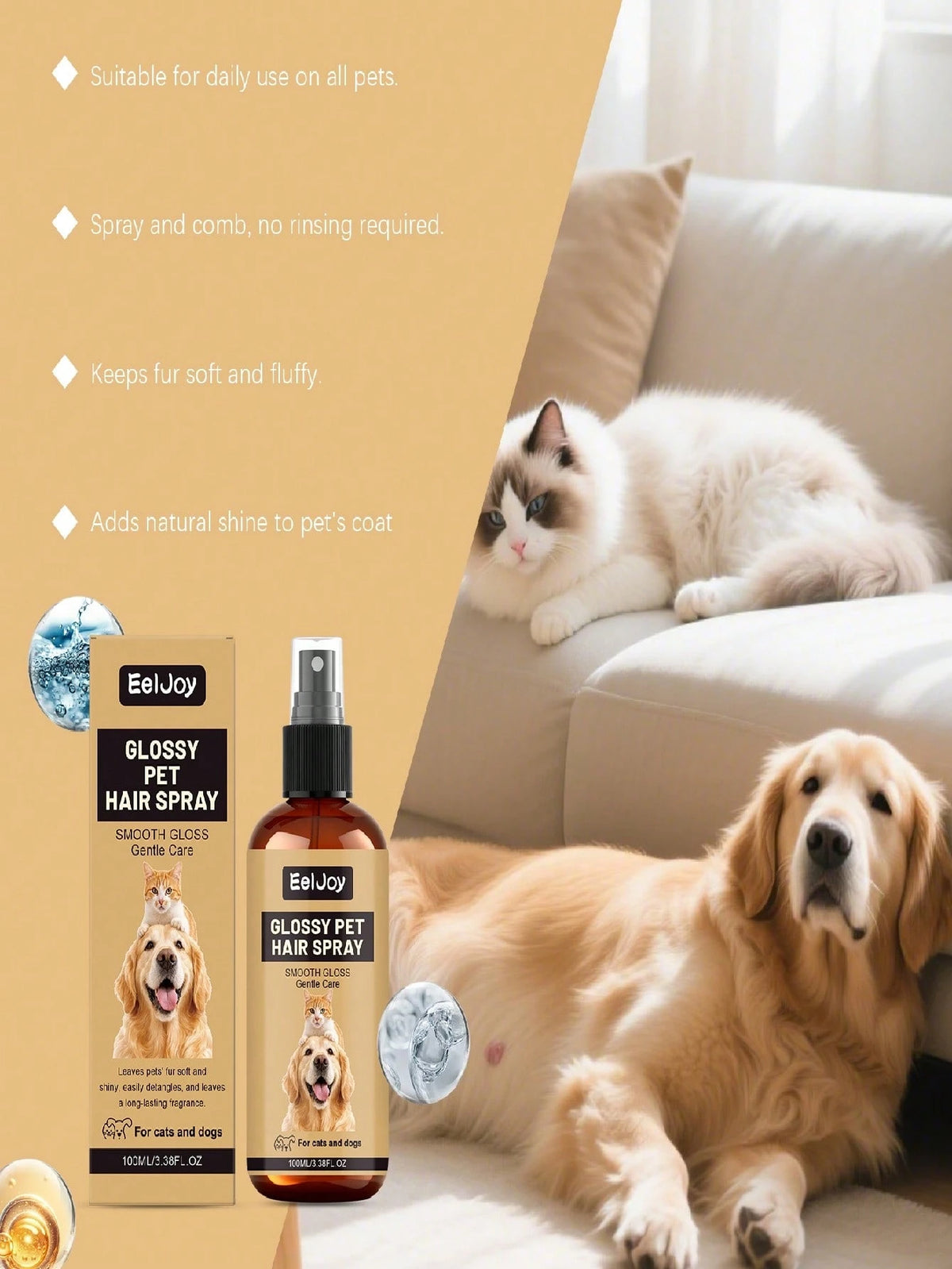 EelJoy Professional Pet Detangling Spray For Dogs & Cats, Instantly Removes Knots & Tangles, Suitable For Long-Haired Breeds! Nourishes Coarse Hair, Increases Shine & Luster, Reduces Shedding & Breaka