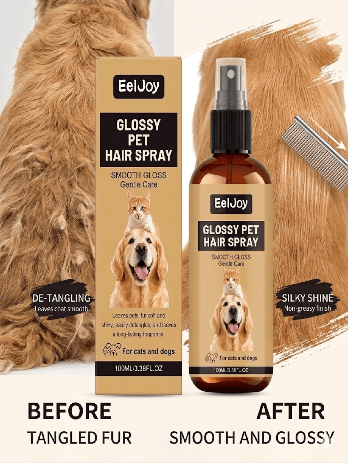 EelJoy Professional Pet Detangling Spray For Dogs & Cats, Instantly Removes Knots & Tangles, Suitable For Long-Haired Breeds! Nourishes Coarse Hair, Increases Shine & Luster, Reduces Shedding & Breaka