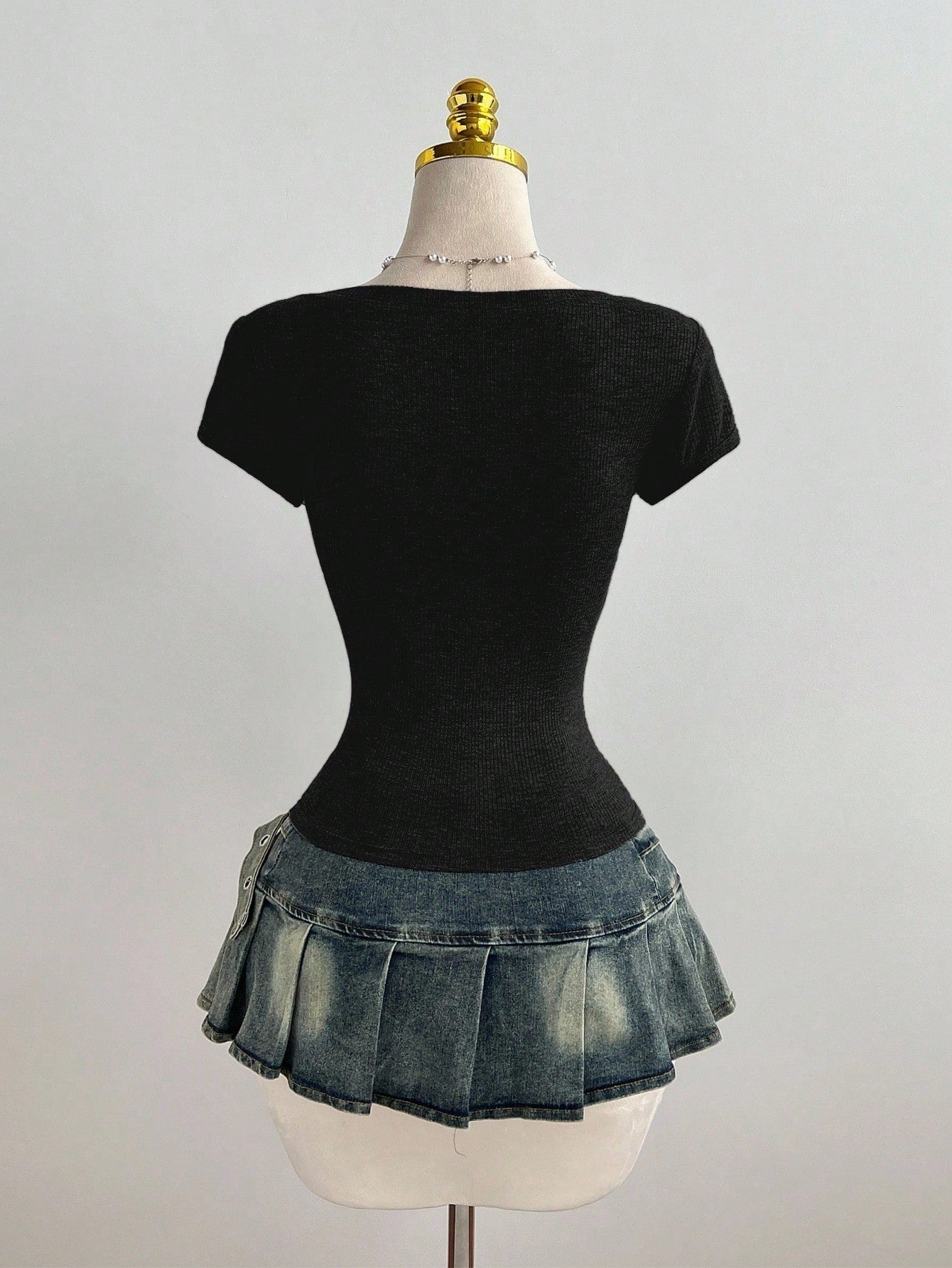 Elamini Casual Lace Patchwork Deep V-Neck Grey Fitted Short Sleeve T-Shirt, Spring/Summer