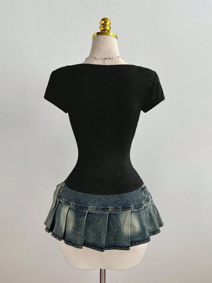 Elamini Casual Lace Patchwork Deep V-Neck Grey Fitted Short Sleeve T-Shirt, Spring/Summer