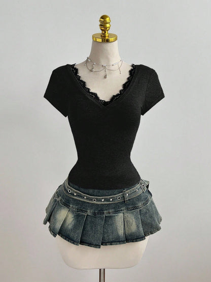 Elamini Casual Lace Patchwork Deep V-Neck Grey Fitted Short Sleeve T-Shirt, Spring/Summer