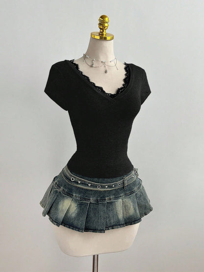 Elamini Casual Lace Patchwork Deep V-Neck Grey Fitted Short Sleeve T-Shirt, Spring/Summer