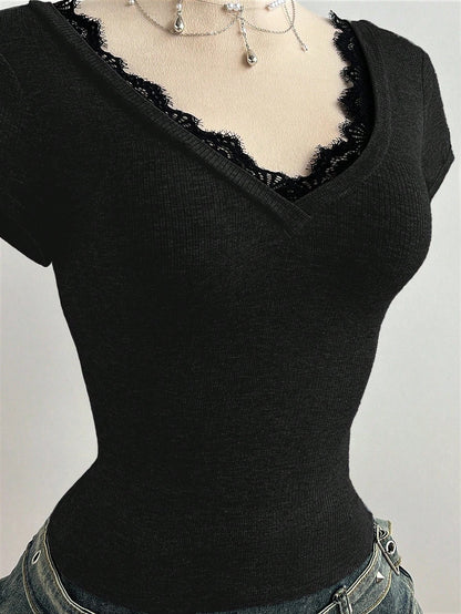 Elamini Casual Lace Patchwork Deep V-Neck Grey Fitted Short Sleeve T-Shirt, Spring/Summer