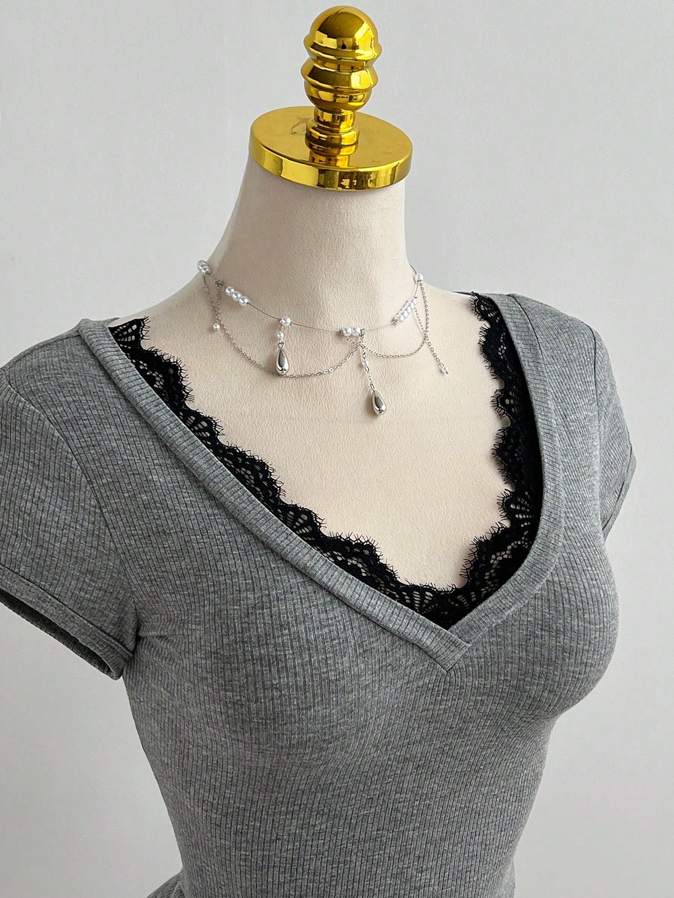 Elamini Casual Lace Patchwork Deep V-Neck Grey Fitted Short Sleeve T-Shirt, Spring/Summer