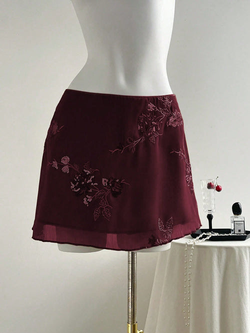 Elamini New Chinese-Style Sexy Sheer Embroidered Green Short A-Line Skirt For Women