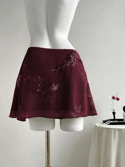 Elamini New Chinese-Style Sexy Sheer Embroidered Green Short A-Line Skirt For Women