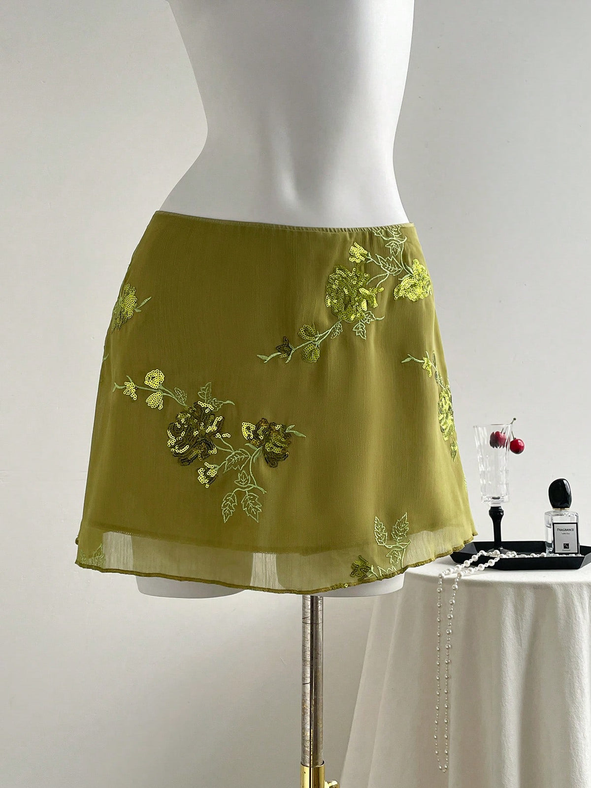 Elamini New Chinese-Style Sexy Sheer Embroidered Green Short A-Line Skirt For Women