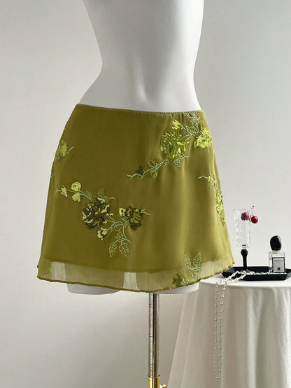 Elamini New Chinese-Style Sexy Sheer Embroidered Green Short A-Line Skirt For Women