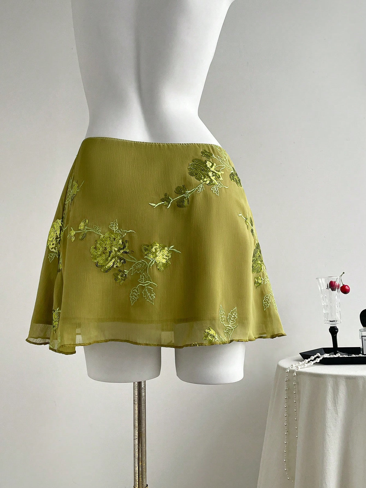 Elamini New Chinese-Style Sexy Sheer Embroidered Green Short A-Line Skirt For Women