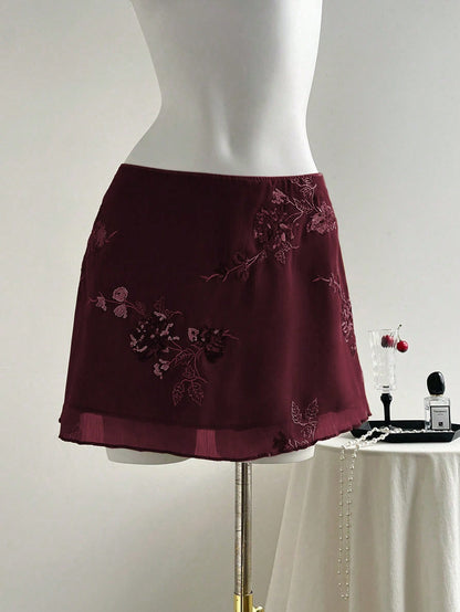 Elamini New Chinese-Style Sexy Sheer Embroidered Green Short A-Line Skirt For Women