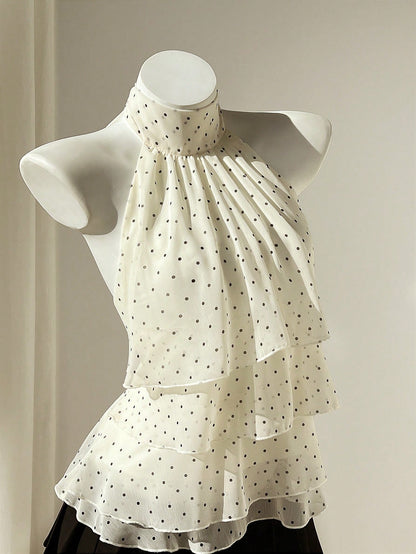 Elamini Women's Spring & Summer Casual Vacation Style Ruffled Layered Chiffon Polka Dot Print Waist Tie Shirt, Flattering Fit, Suitable For Beach