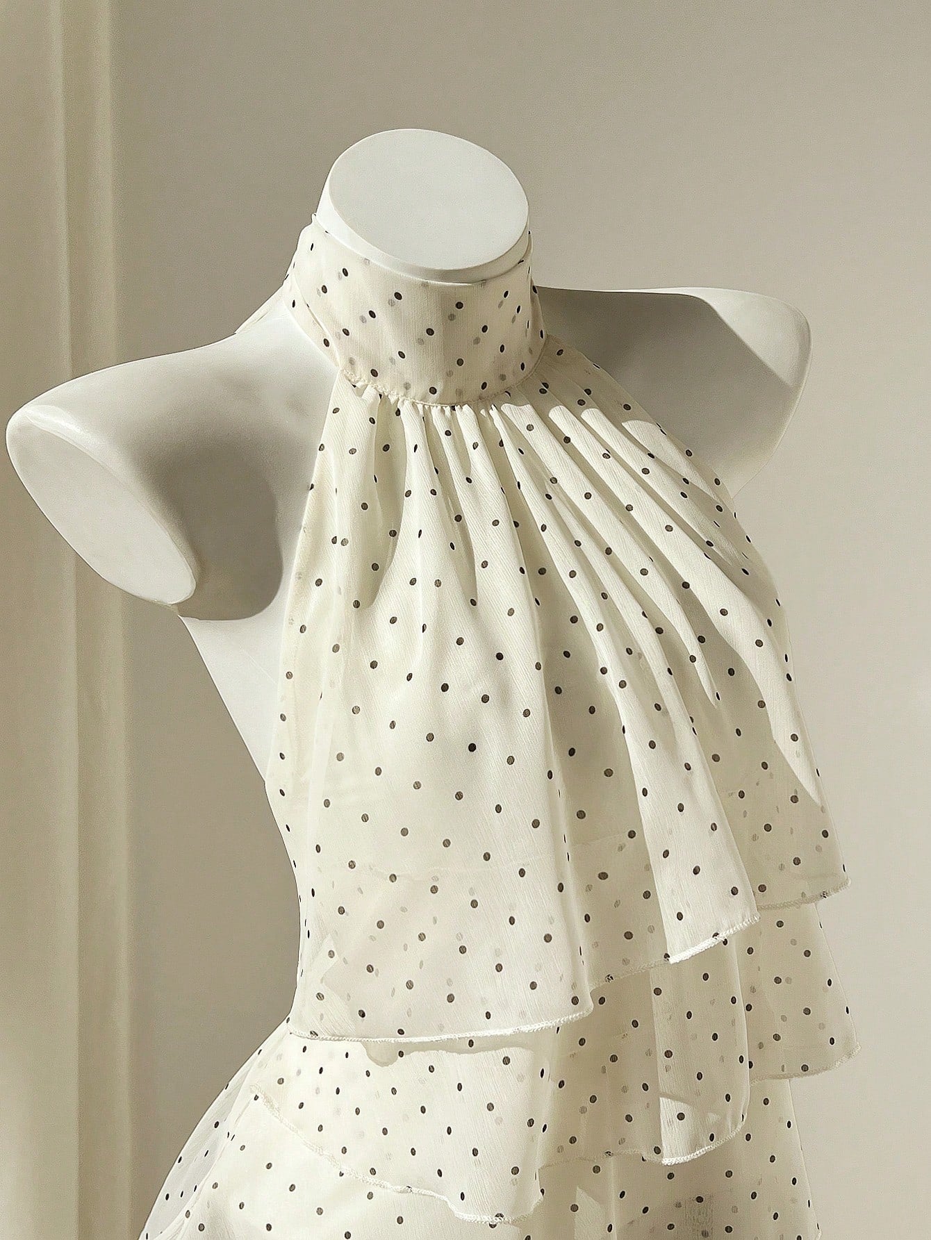 Elamini Women's Spring & Summer Casual Vacation Style Ruffled Layered Chiffon Polka Dot Print Waist Tie Shirt, Flattering Fit, Suitable For Beach
