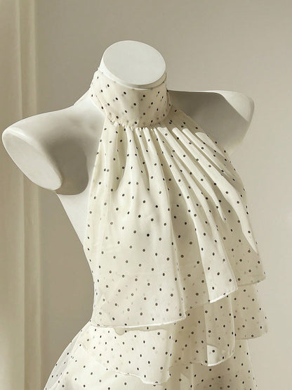Elamini Women's Spring & Summer Casual Vacation Style Ruffled Layered Chiffon Polka Dot Print Waist Tie Shirt, Flattering Fit, Suitable For Beach