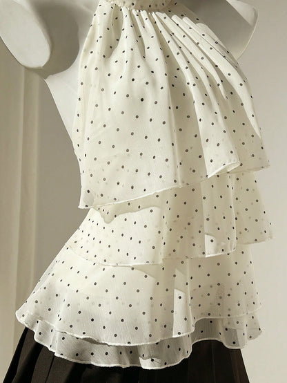 Elamini Women's Spring & Summer Casual Vacation Style Ruffled Layered Chiffon Polka Dot Print Waist Tie Shirt, Flattering Fit, Suitable For Beach