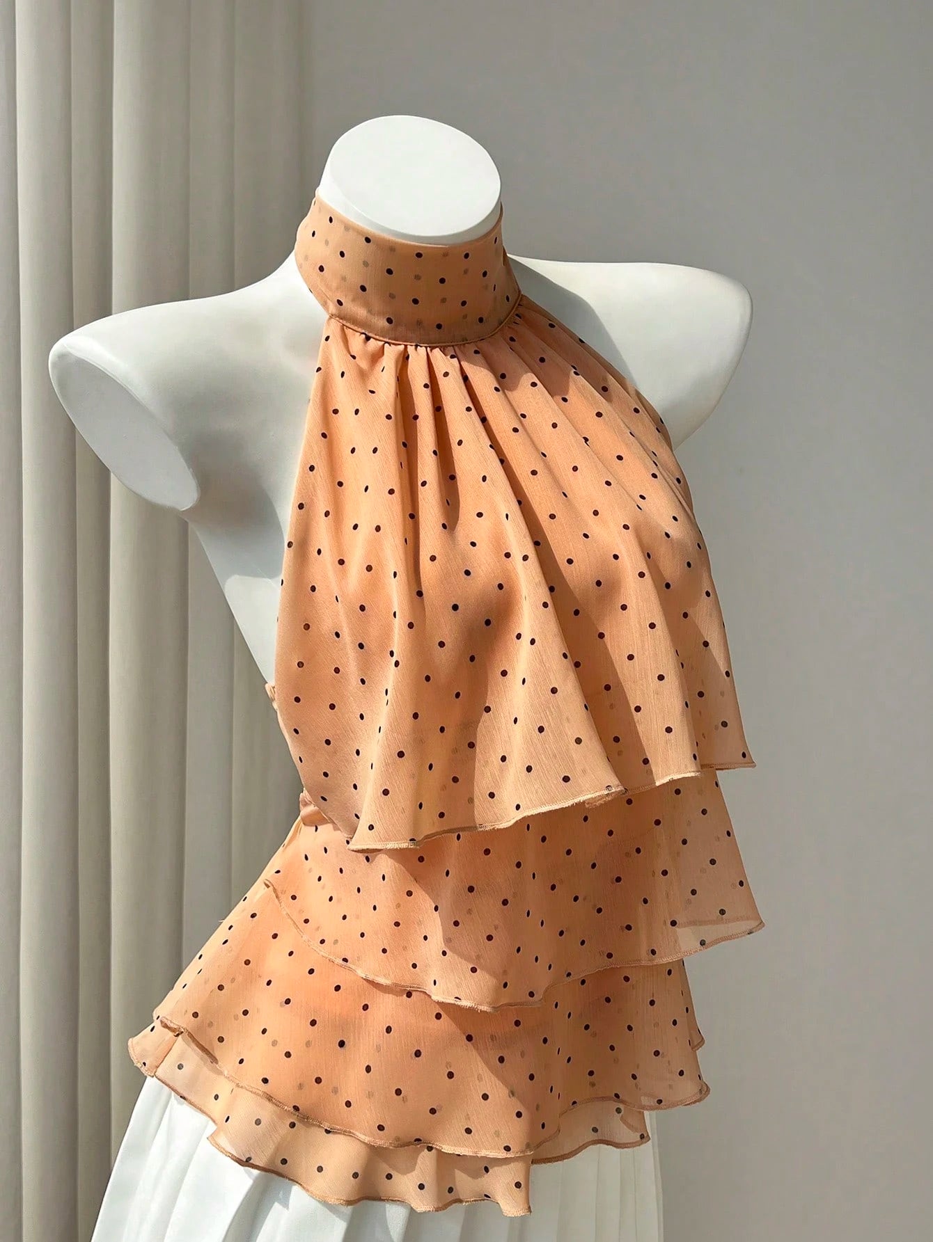 Elamini Women's Spring & Summer Casual Vacation Style Ruffled Layered Chiffon Polka Dot Print Waist Tie Shirt, Flattering Fit, Suitable For Beach