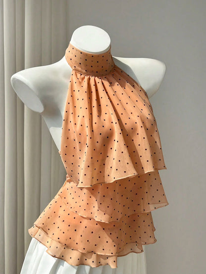 Elamini Women's Spring & Summer Casual Vacation Style Ruffled Layered Chiffon Polka Dot Print Waist Tie Shirt, Flattering Fit, Suitable For Beach