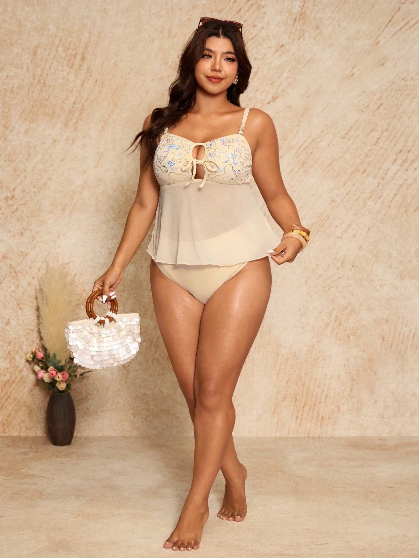 Elaquor Plus Size Women's Sequin Hollow Front Lace-Up Tankini Swimsuit With Swim Shorts Casual Beach Vacation Wedding Guest Swim Dress Beige Summer