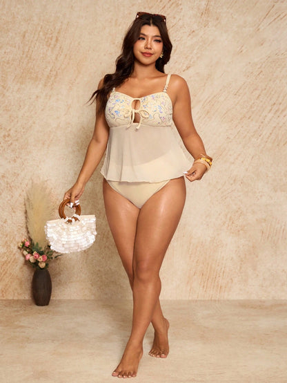 Elaquor Plus Size Women's Sequin Hollow Front Lace-Up Tankini Swimsuit With Swim Shorts Casual Beach Vacation Wedding Guest Swim Dress Beige Summer