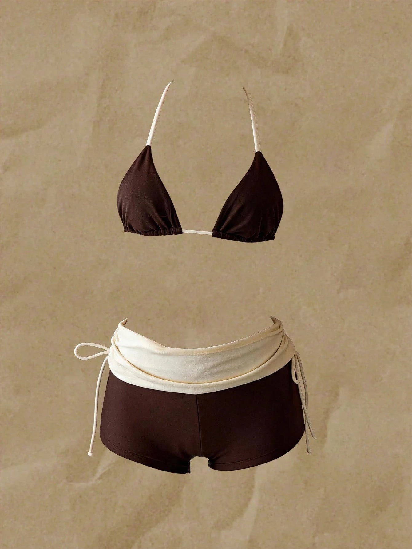 Elavelle Color-Blocked Bikini Set Consisting Of A Neck-Girdle Triangle Cup And High-Waist Wrap Shorts. Slimming And Covering Body Fat. Summer Vacation Swimsuit For Beach Trips, Seaside Vacations, And