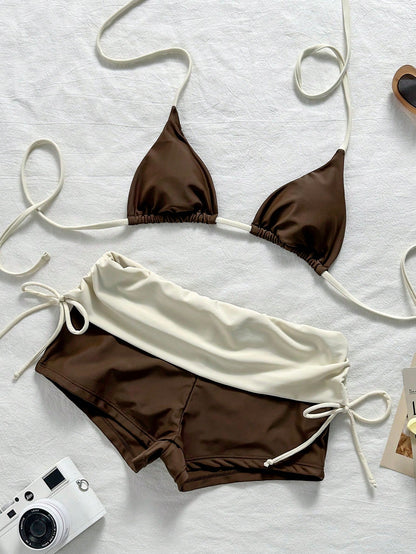 Elavelle Color-Blocked Bikini Set Consisting Of A Neck-Girdle Triangle Cup And High-Waist Wrap Shorts. Slimming And Covering Body Fat. Summer Vacation Swimsuit For Beach Trips, Seaside Vacations, And