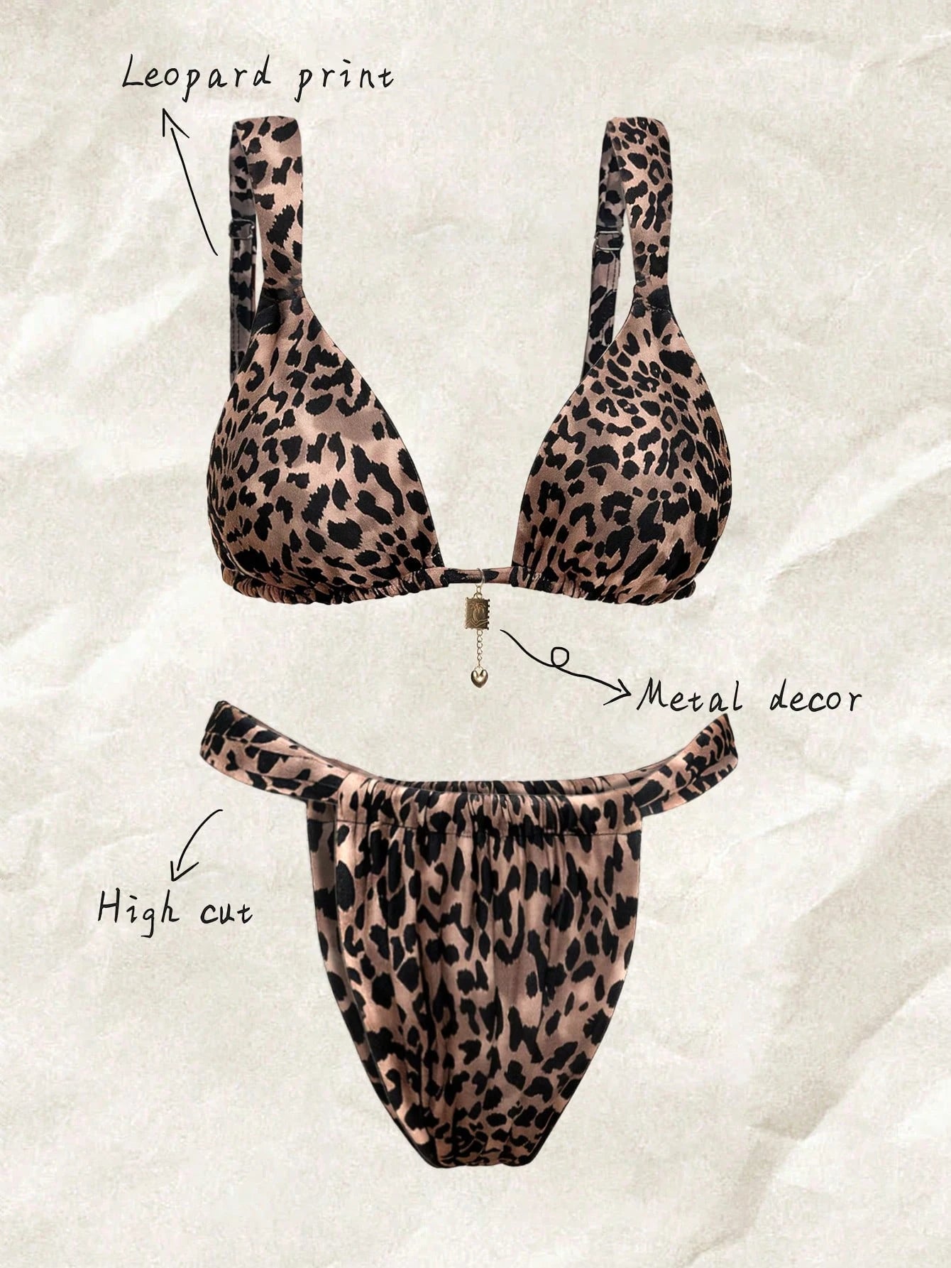 Elavelle Plus Size Women's 2-Piece Leopard Print Swimwear Set,Beige Pendant Triangle Cup Bikini With High Cut Shorts,Beige Summer Beach Vacation Holiday