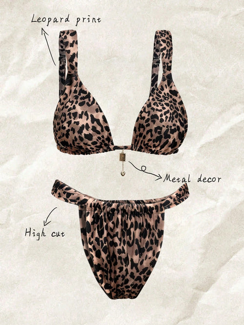 Elavelle Plus Size Women's 2-Piece Leopard Print Swimwear Set,Beige Pendant Triangle Cup Bikini With High Cut Shorts,Beige Summer Beach Vacation Holiday