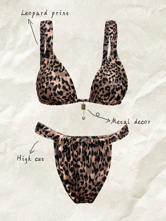 Elavelle Plus Size Women's 2-Piece Leopard Print Swimwear Set,Beige Pendant Triangle Cup Bikini With High Cut Shorts,Beige Summer Beach Vacation Holiday