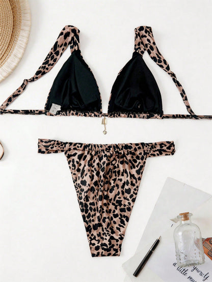 Elavelle Plus Size Women's 2-Piece Leopard Print Swimwear Set,Beige Pendant Triangle Cup Bikini With High Cut Shorts,Beige Summer Beach Vacation Holiday