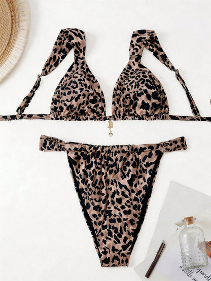 Elavelle Plus Size Women's 2-Piece Leopard Print Swimwear Set,Beige Pendant Triangle Cup Bikini With High Cut Shorts,Beige Summer Beach Vacation Holiday