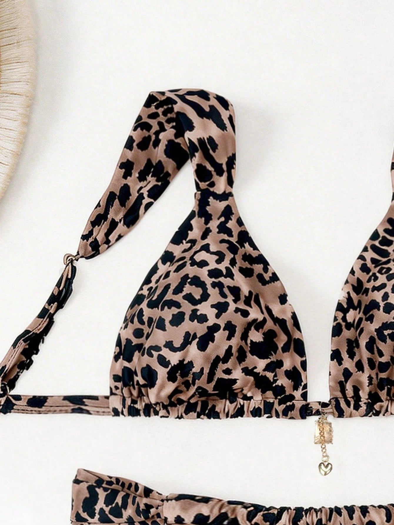 Elavelle Plus Size Women's 2-Piece Leopard Print Swimwear Set,Beige Pendant Triangle Cup Bikini With High Cut Shorts,Beige Summer Beach Vacation Holiday