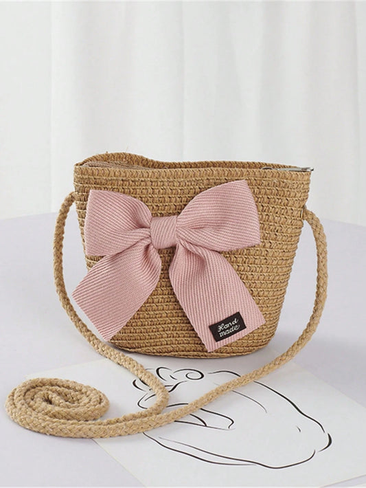 Elegant Beige Straw Crossbody Bag With Large Bow- Woven Texture, Zipper Closure, Suitable For Beach Vacation, Wedding, And Summer Outing, Beach Bag