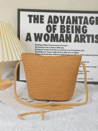 Elegant Beige Straw Crossbody Bag With Large Bow- Woven Texture, Zipper Closure, Suitable For Beach Vacation, Wedding, And Summer Outing, Beach Bag