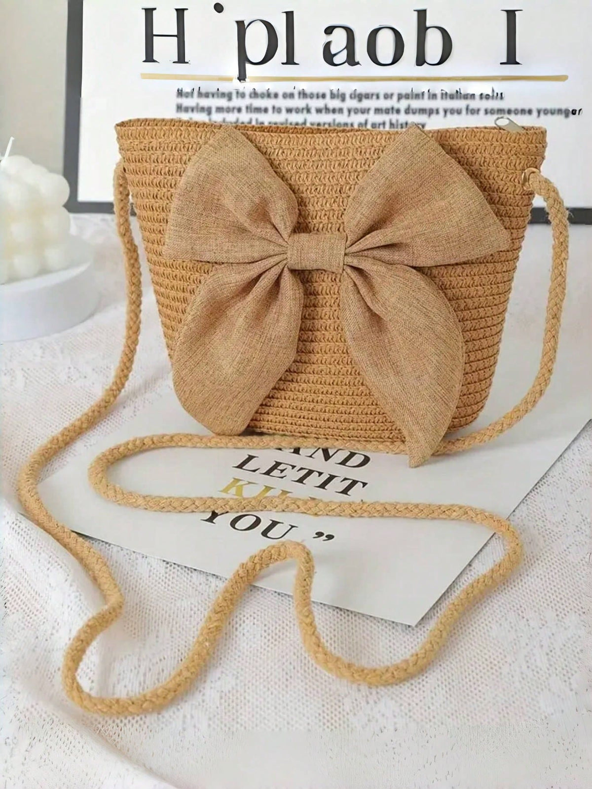 Elegant Beige Straw Crossbody Bag With Large Bow- Woven Texture, Zipper Closure, Suitable For Beach Vacation, Wedding, And Summer Outing, Beach Bag