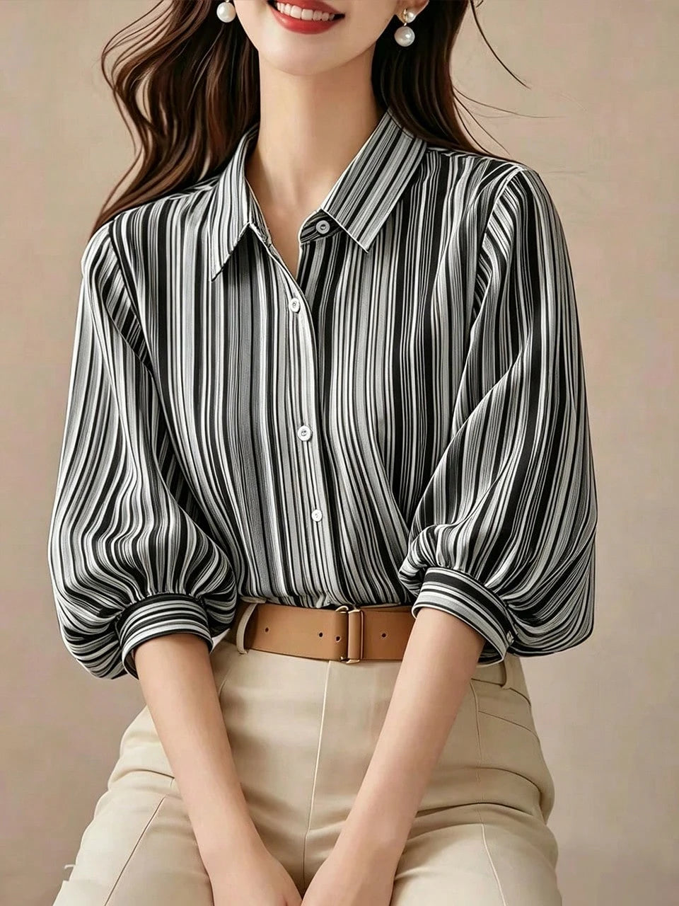 Elegant Black Striped Lantern Sleeve Blouse For Women, Versatile Commuter Short Sleeve Top, Random Cut Summer