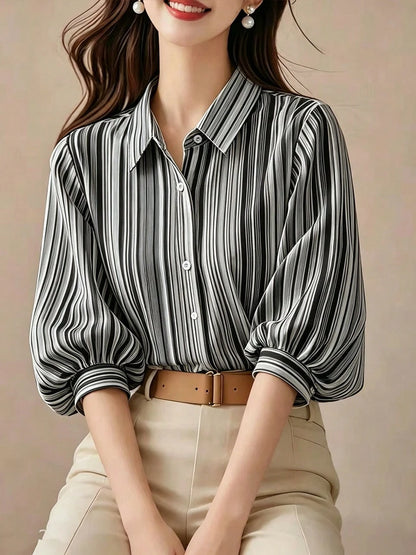 Elegant Black Striped Lantern Sleeve Blouse For Women, Versatile Commuter Short Sleeve Top, Random Cut Summer