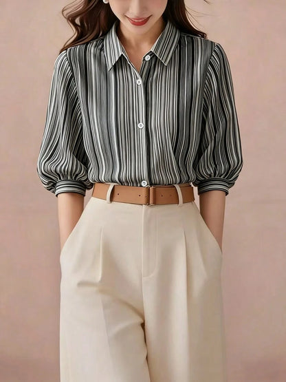 Elegant Black Striped Lantern Sleeve Blouse For Women, Versatile Commuter Short Sleeve Top, Random Cut Summer