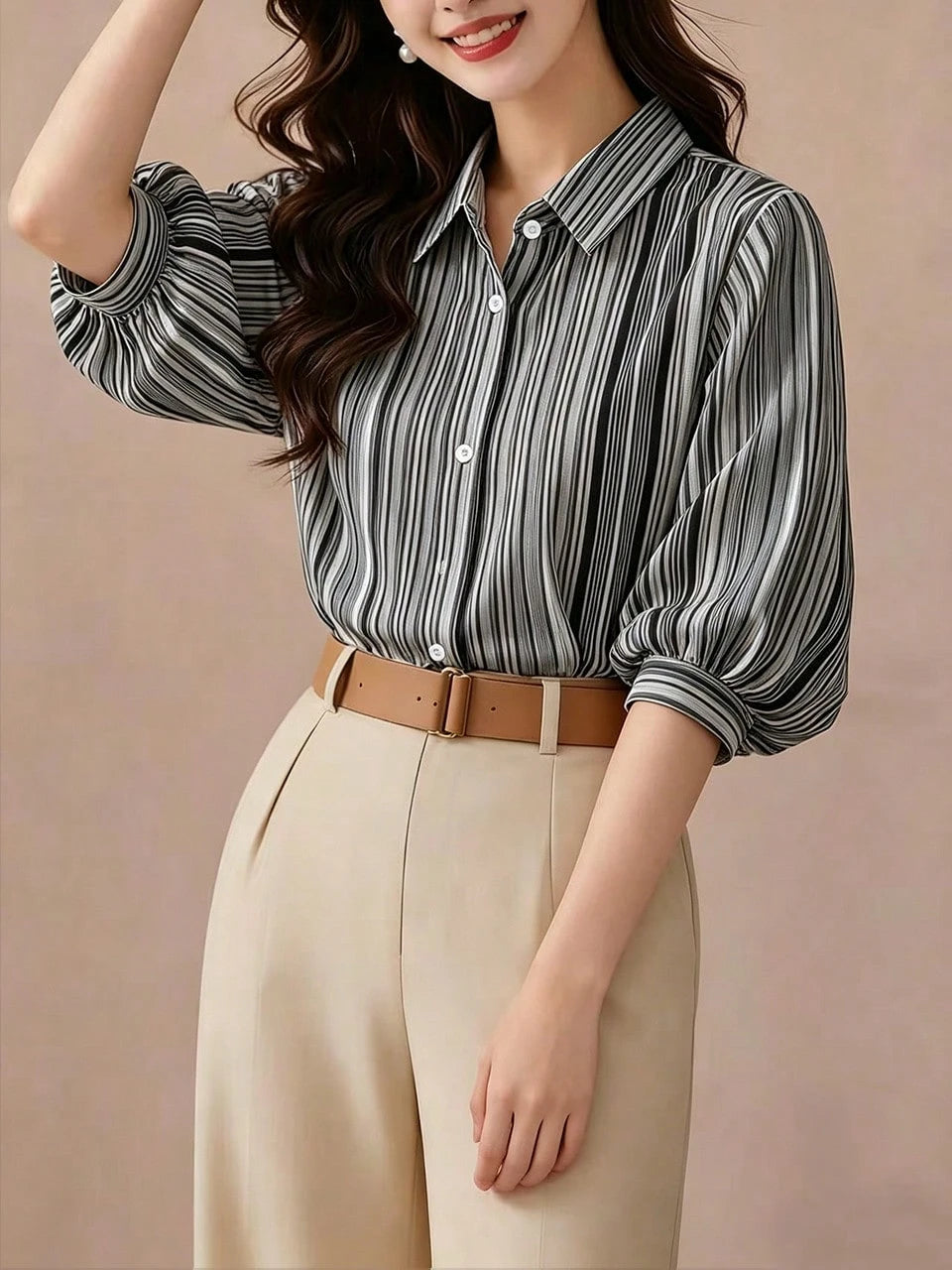 Elegant Black Striped Lantern Sleeve Blouse For Women, Versatile Commuter Short Sleeve Top, Random Cut Summer