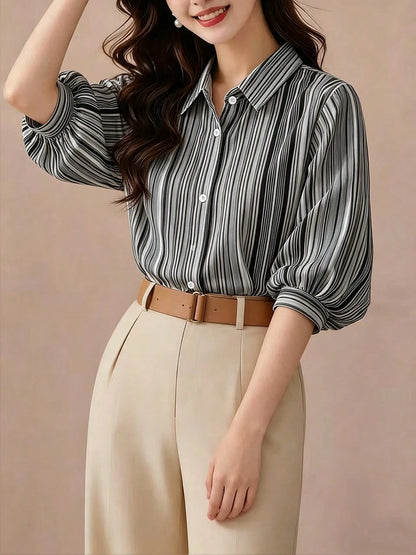Elegant Black Striped Lantern Sleeve Blouse For Women, Versatile Commuter Short Sleeve Top, Random Cut Summer