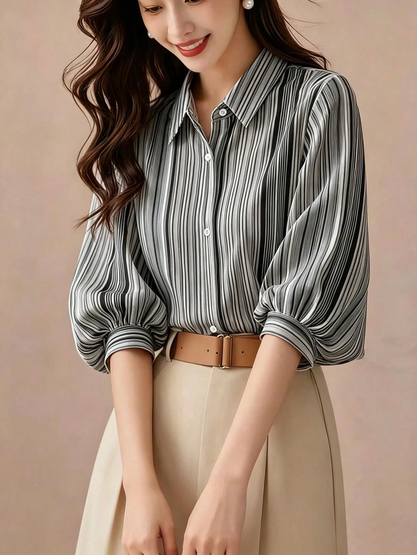 Elegant Black Striped Lantern Sleeve Blouse For Women, Versatile Commuter Short Sleeve Top, Random Cut Summer