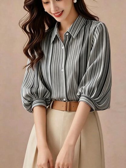Elegant Black Striped Lantern Sleeve Blouse For Women, Versatile Commuter Short Sleeve Top, Random Cut Summer