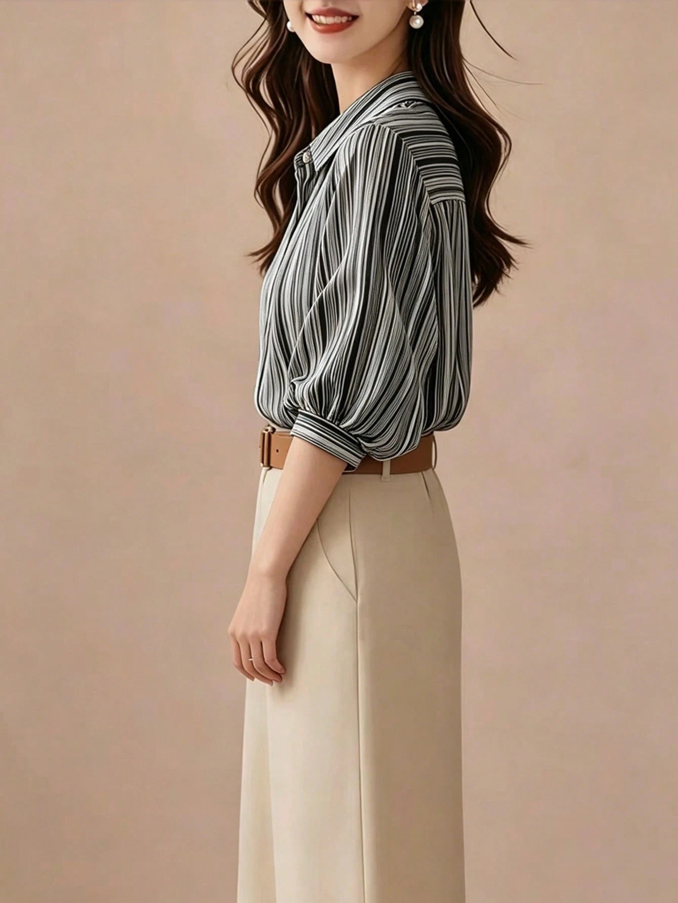 Elegant Black Striped Lantern Sleeve Blouse For Women, Versatile Commuter Short Sleeve Top, Random Cut Summer